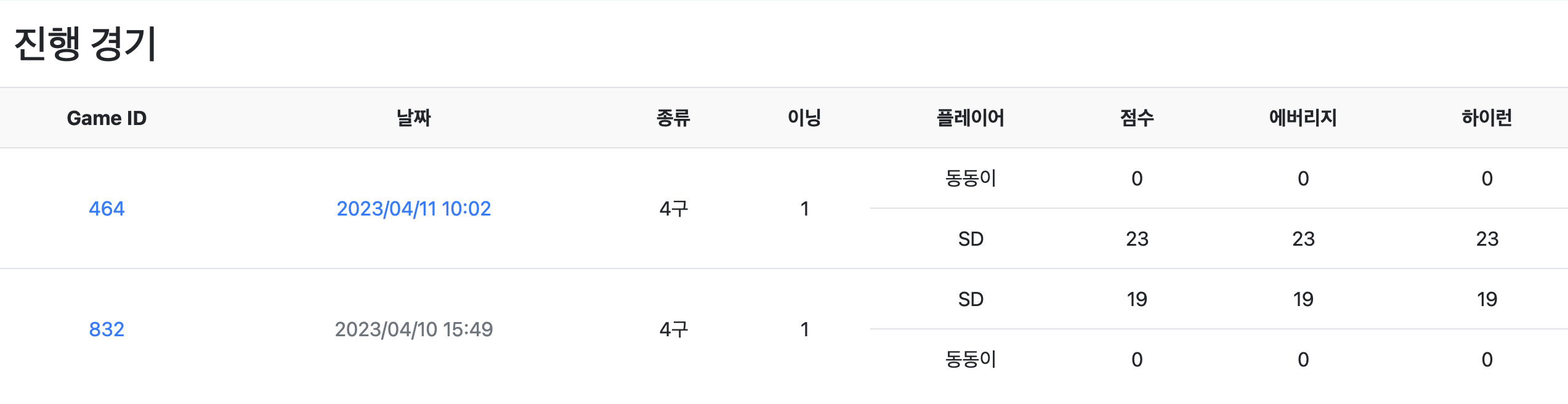 진행 경기 목록 화면